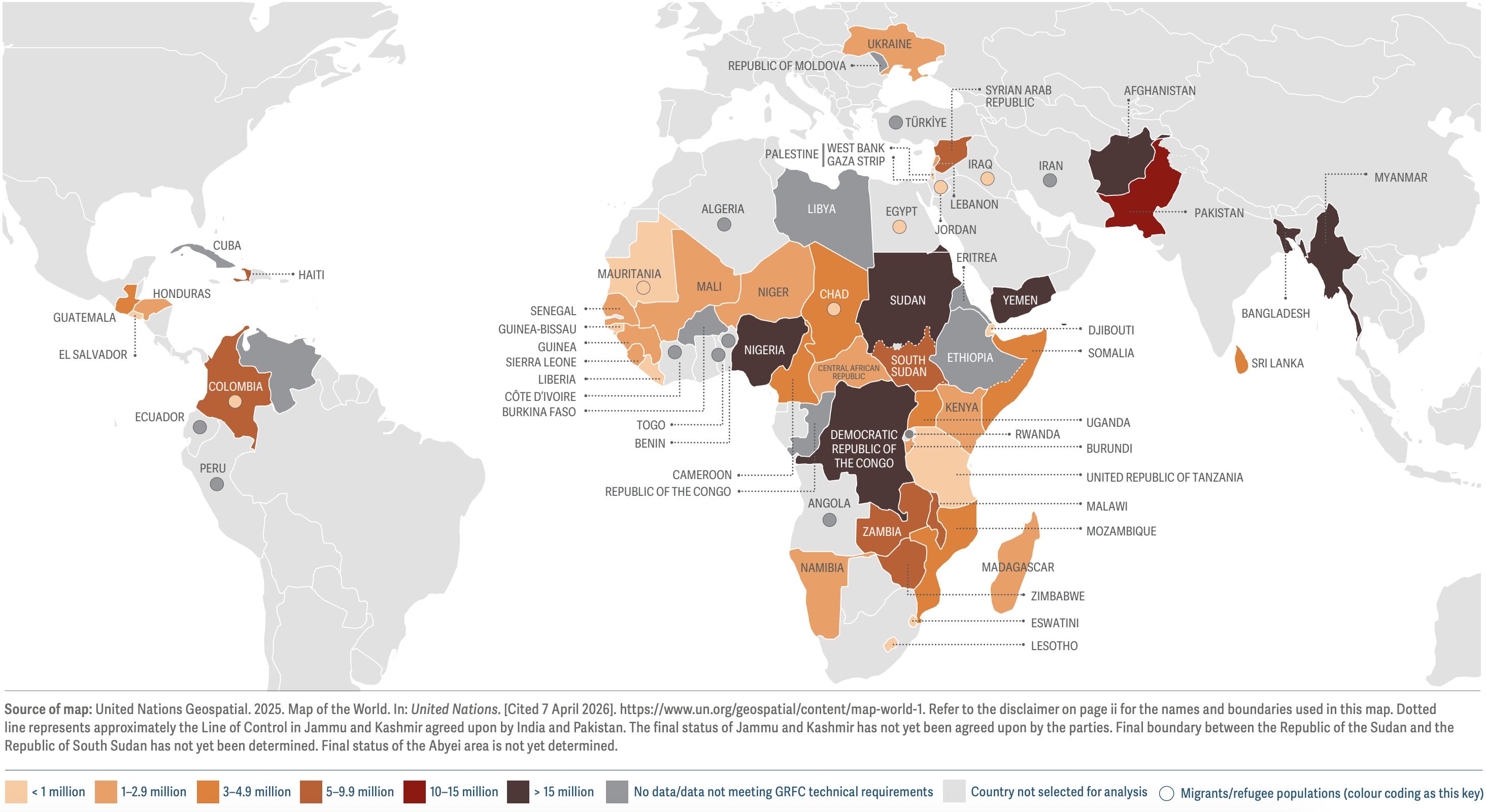 A world map showing food insecurity in countries/territories.