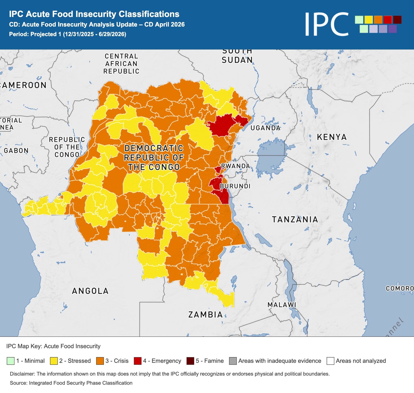 Map of the Democratic Republic of the Congo showing acute food insecurity classifications for April 2026, with areas colored by severity level from minimal to famine.