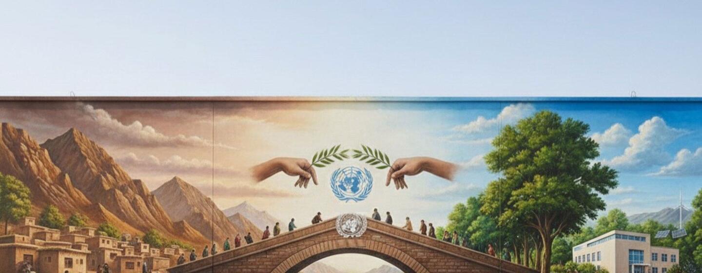 युवा कला प्रतियोगिता में अफ़ग़ानिस्तान और संयुक्त राष्ट्र के रिश्ते को दर्शाती एक कलाकृति.