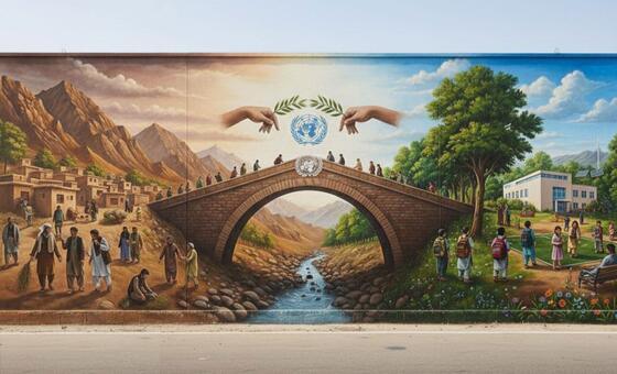 युवा कला प्रतियोगिता में अफ़ग़ानिस्तान और संयुक्त राष्ट्र के रिश्ते को दर्शाती एक कलाकृति.