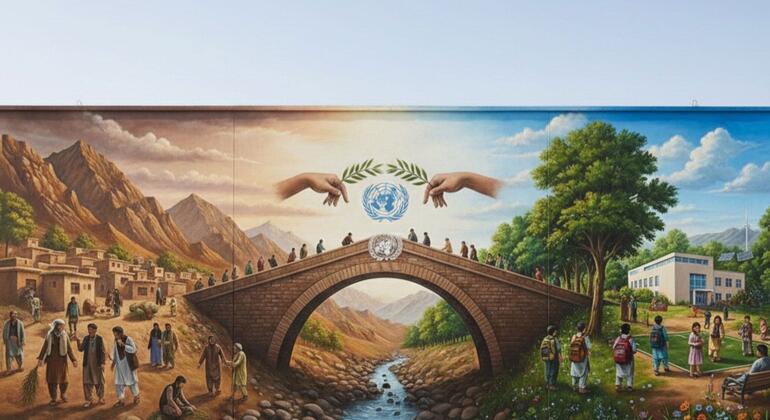 युवा कला प्रतियोगिता में अफ़ग़ानिस्तान और संयुक्त राष्ट्र के रिश्ते को दर्शाती एक कलाकृति.