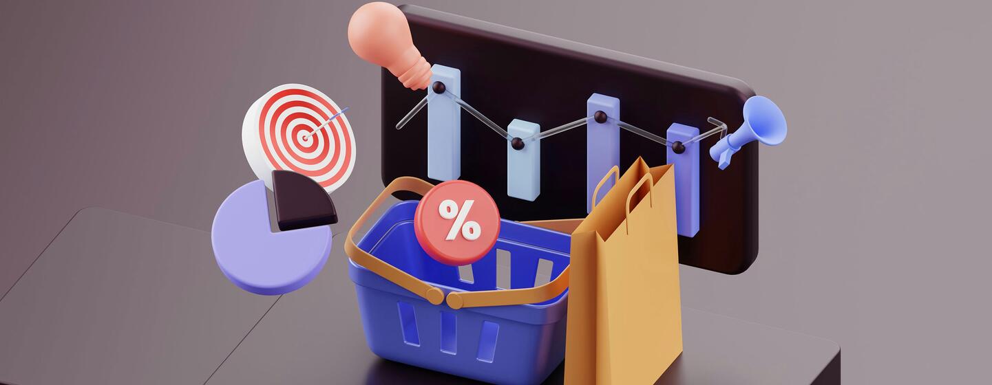 Une illustration 3D d'une scène de shopping en ligne mettant en vedette un panier d'achat avec un symbole de réduction en pourcentage, un sac en papier, une cible pour le ciblage d'audience et un mégaphone pour la promotion.