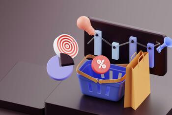Une illustration 3D d'une scène de shopping en ligne mettant en vedette un panier d'achat avec un symbole de réduction en pourcentage, un sac en papier, une cible pour le ciblage d'audience et un mégaphone pour la promotion.