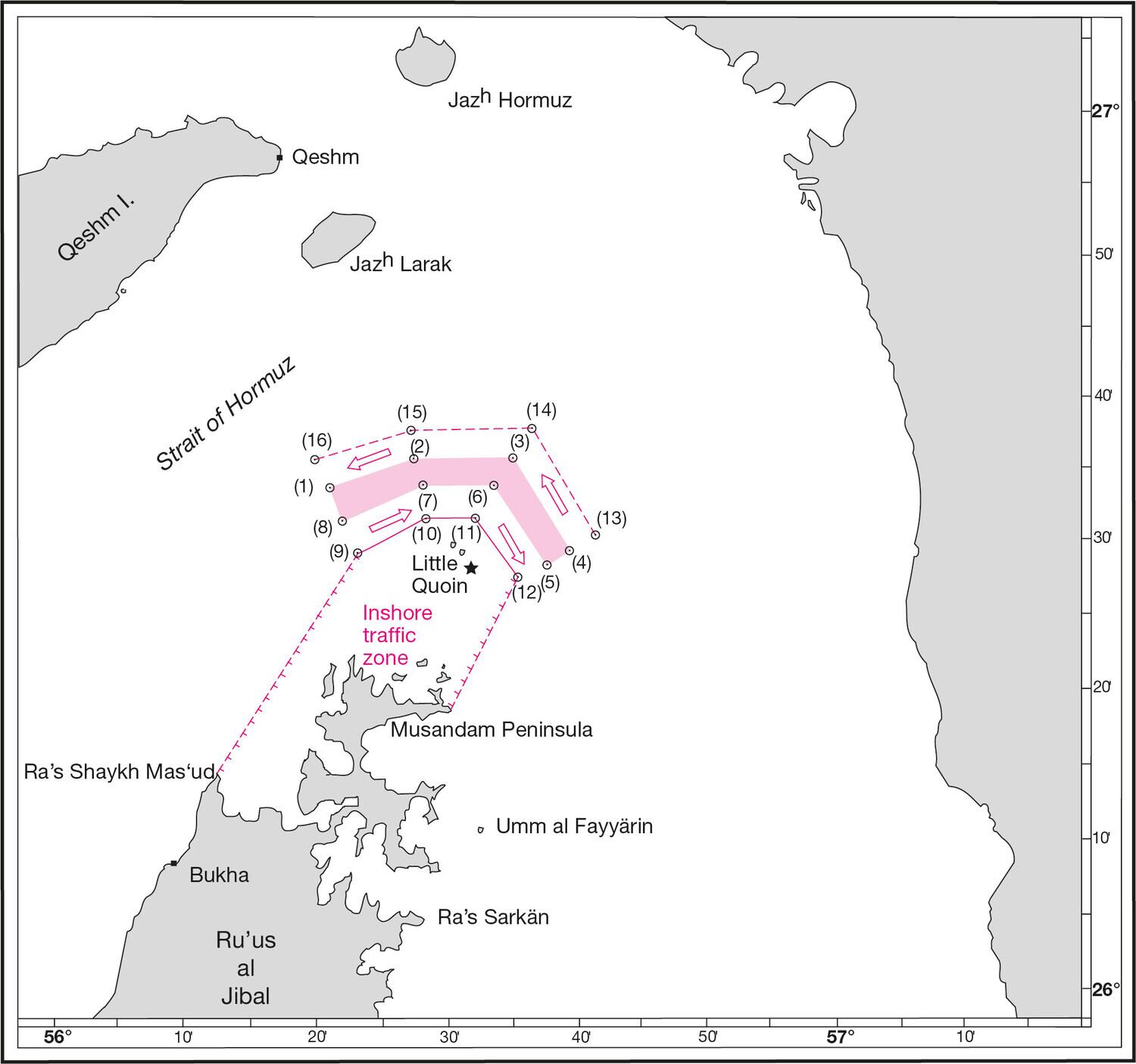 Map showing the Traffic Separation Scheme in the Strait of Hormuz, detailing shipping lanes, traffic zones, and key geographical locations like Qeshm Island and the Musandam Peninsula.