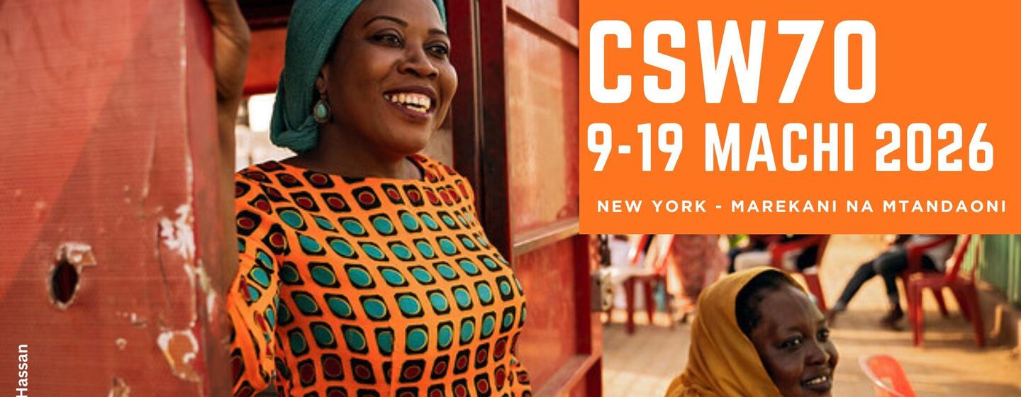 Banner para o evento CSW70, programado para 9-19 de março de 2026, em Nova York e on-line. O banner apresenta duas mulheres africanas sorridentes e texto em suaíli.