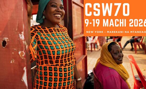 Bendera ya tukio la CSW70, lililopangwa kufanyika Machi 9-19, 2026, huko New York na mtandaoni. Bendera hiyo inaonyesha wanawake wawili wa Kiafrika wanaotabasamu na maandishi ya Kiswahili.