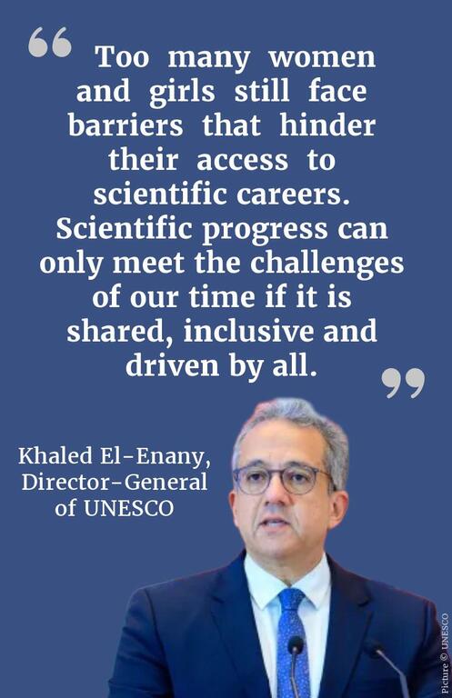 Quote card featuring Khaled El-Enany, Director-General of UNESCO, stating: 'Too many women and girls still face barriers that hinder their access to scientific careers. Scientific progress can only meet the challenges of our time if it is shared, inclusive and driven by all.'