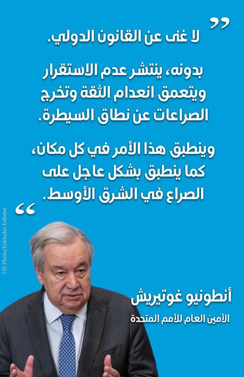 اقتباس من أنطونيو غوتيريش، الأمين العام للأمم المتحدة، باللغة العربية. ينص الاقتباس على أن تجاهل القانون الدولي يؤدي إلى عدم الاستقرار ونقص الثقة والصراع، وهو ما ينطبق في كل مكان، وخاصة في الشرق الأوسط.