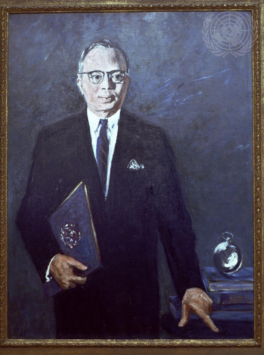 Painted portrait of U Thant, United Nations Secretary-General, wearing glasses and a suit, holding a document with the UN emblem.