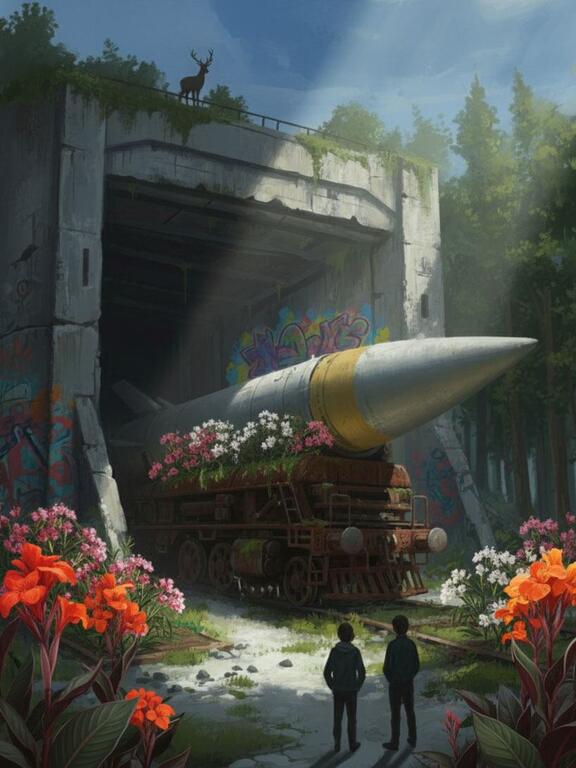 Une illustration d'un gros missile émergeant d'un bunker en béton dans une forêt, avec des fleurs qui poussent autour et deux garçons qui regardent au premier plan.