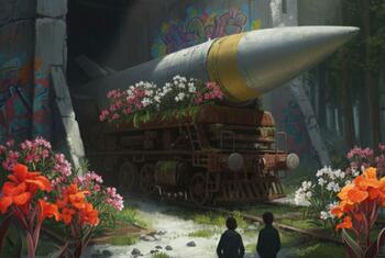An illustration of a large missile emerging from a concrete bunker in a forest, with flowers growing around it and two boys watching in the foreground.