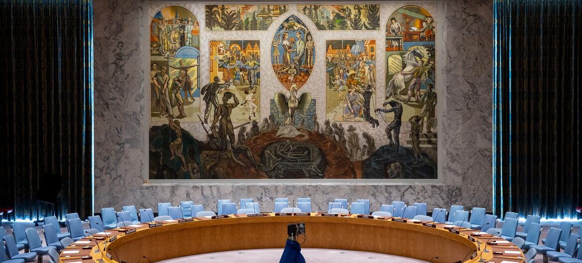 The Security Council Chamber of the United Nations, featuring a large mural by Norwegian artist Per Krohg depicting a phoenix rising from ashes of war and slavery into a peaceful world, donated in 1952.