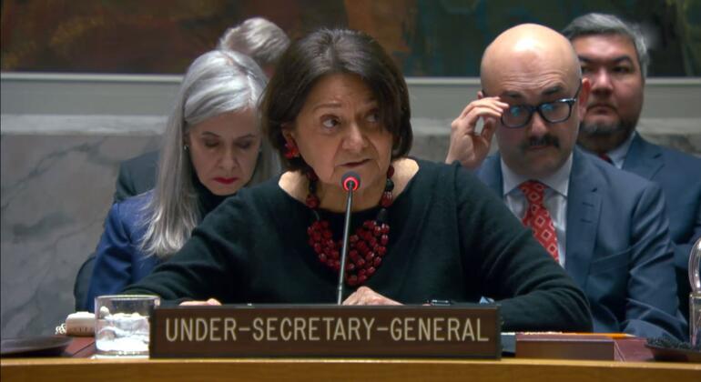 Rosemary DiCarlo, Subsecretaria General de Asuntos Políticos y de Construcción de la Paz, habla en una reunión del Consejo de Seguridad de la ONU sobre niños, tecnología y educación en zonas de conflicto.