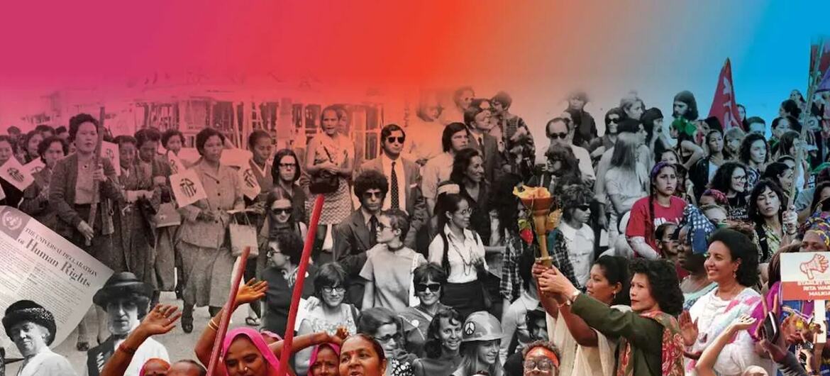 Uma colagem de imagens históricas e contemporâneas de mulheres protestando pelos direitos das mulheres, com um cartaz proeminente que diz 'END FEMICIDE'.