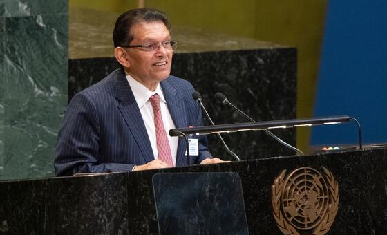 Khalilur Rahman addresses a plenary meeting at the United Nations General Assembly.
