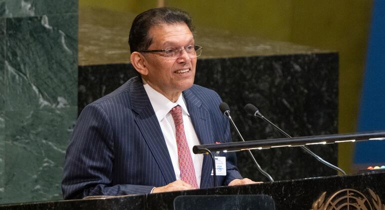 Khalilur Rahman addresses a plenary meeting at the United Nations General Assembly.