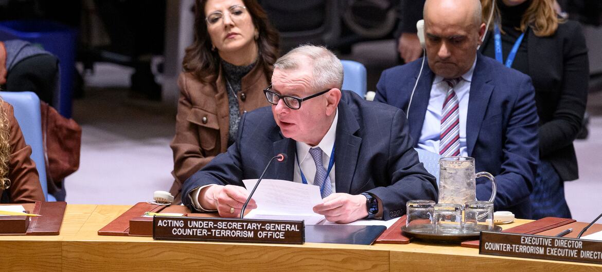 Alexandre Zouev, Acting Under-Secretary-General for Counter-Terrorism, speaks at a United Nations Security Council meeting addressing threats to international peace and security caused by terrorism.