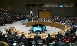 A wide view of the United Nations Security Council meeting discussing threats to international peace and security, specifically regarding the situation in Venezuela.