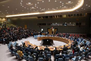 Vista amplia de la reunión del Consejo de Seguridad de las Naciones Unidas en la que se discuten las amenazas a la paz y la seguridad internacionales, con delegados sentados alrededor de una gran mesa circular y observadores en la galería.