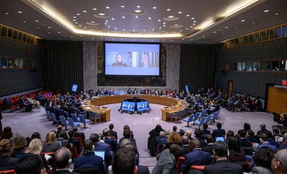 A wide view of the UN Security Council meeting Venezuela.