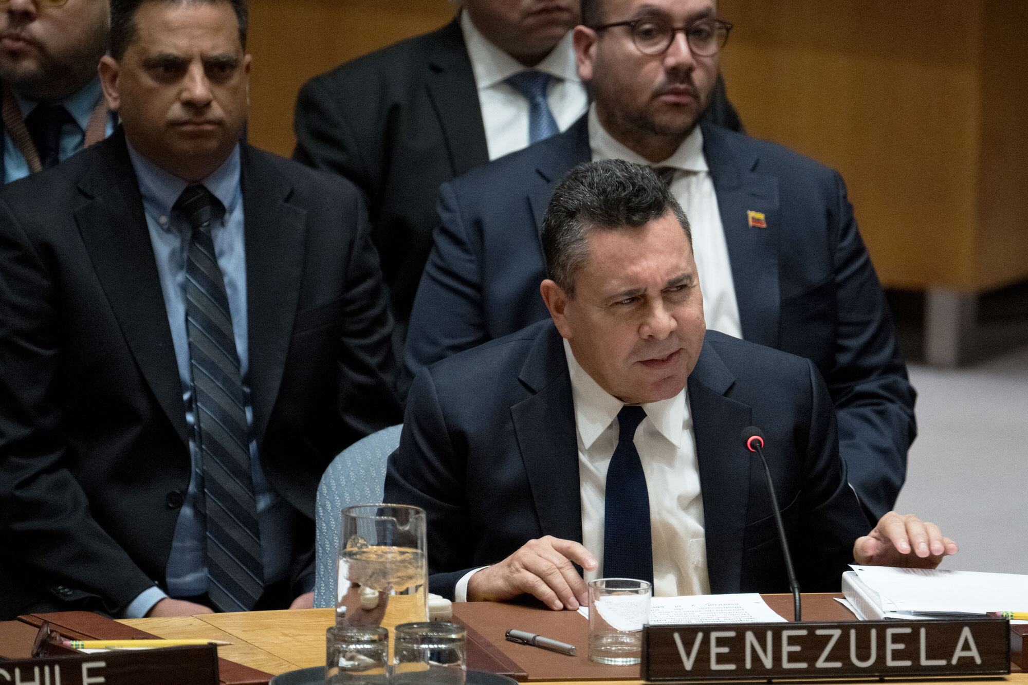 Venezuelan Ambassador Samuel Moncada addresses the Security Council meeting. Venezuelan Ambassador Samuel Moncada addresses the Security Council meeting.