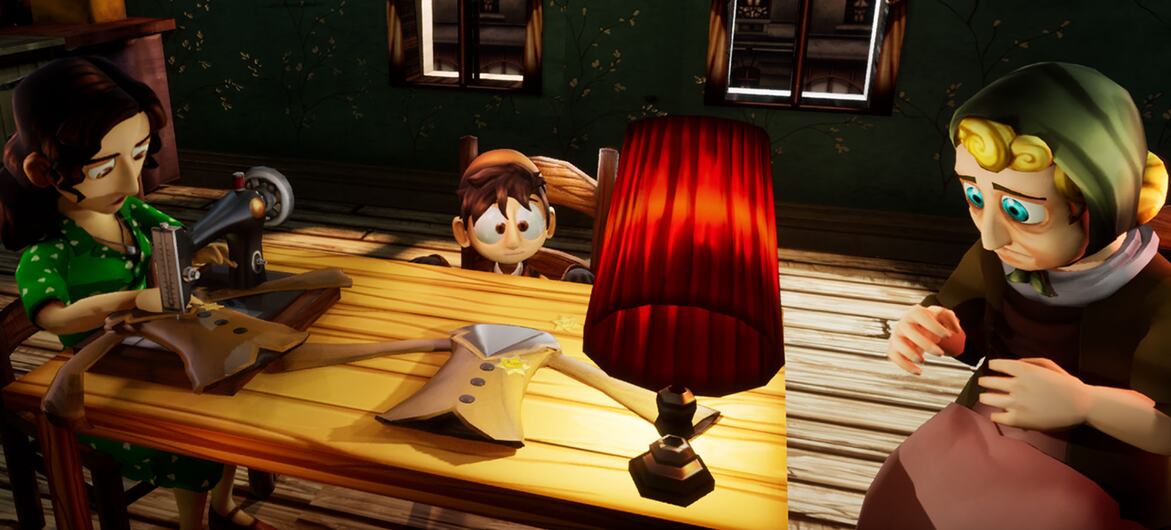 Scène d'un film d'animation montrant trois personnages dans une pièce faiblement éclairée avec une lampe rouge sur une table en bois, l'un cousant, l'autre regardant et l'autre tenant un tissu.