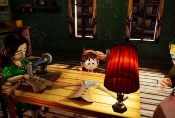 An animated movie scene showing three characters in a dimly lit room with a red lamp on a wooden table, one sewing, one watching, and one holding fabric.