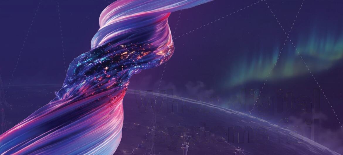 رسم توضيحي تجريدي لتيار بيانات رقمي ملون يتدفق فوق الأرض، مع ظهور الشفق القطبي الشمالي في الخلفية ونص مُضاف.