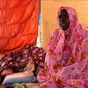سيدة ترتدي ثوبا سودانيا وردي اللون تجلس داخل خيمة في مخيم للنازحين في القضارف - السودان