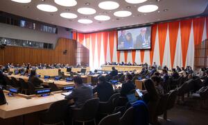 A wide view of the UN General Assembly plenary room during an informal meeting chaired by Annalena Baerbock, President of the eightieth session, as she leads a briefing on the UN80 Initiative.