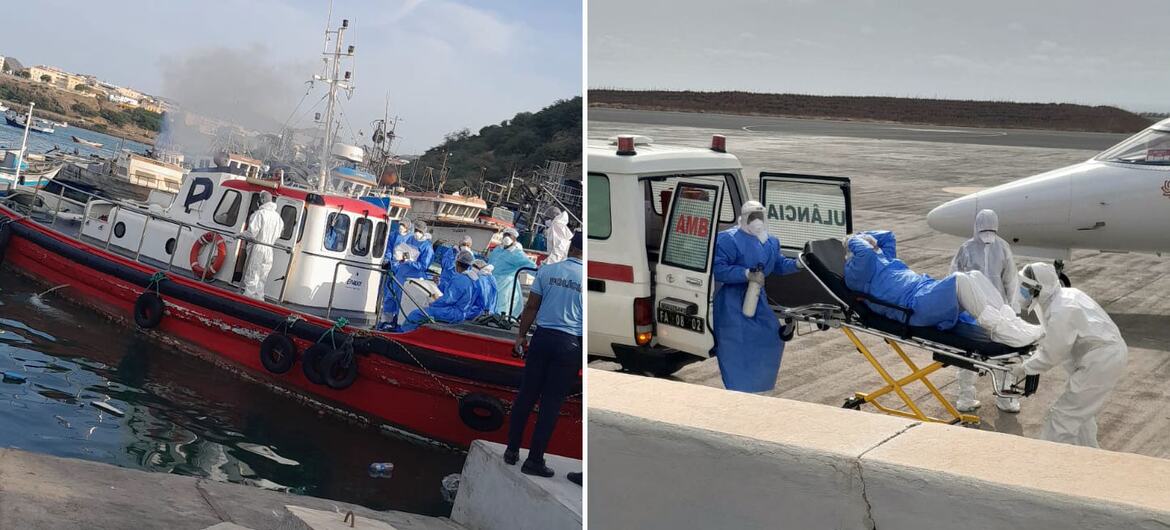 El personal médico con equipo de protección evacua a los pacientes sospechosos de hantavirus de un barco hacia una ambulancia en un aeródromo para su traslado a atención médica en los Países Bajos.