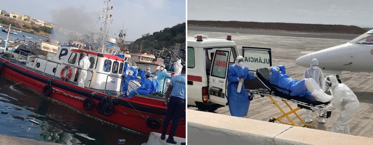Le personnel médical en tenue de protection évacue des patients suspects de hantavirus d'un navire vers une ambulance sur un aérodrome pour leur transfert vers des soins médicaux aux Pays-Bas.