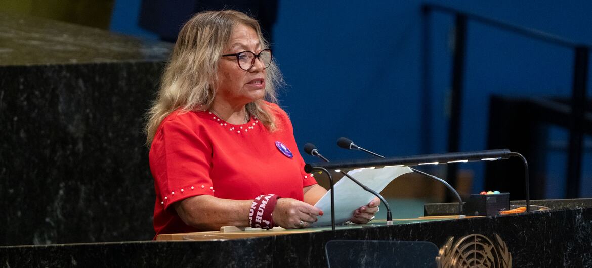 Natividad Obeso from the Civil Association for Human Rights, United Women, Migrants and Refugees in Argentina speaks at the International Migration Review Forum 2026 in New York.