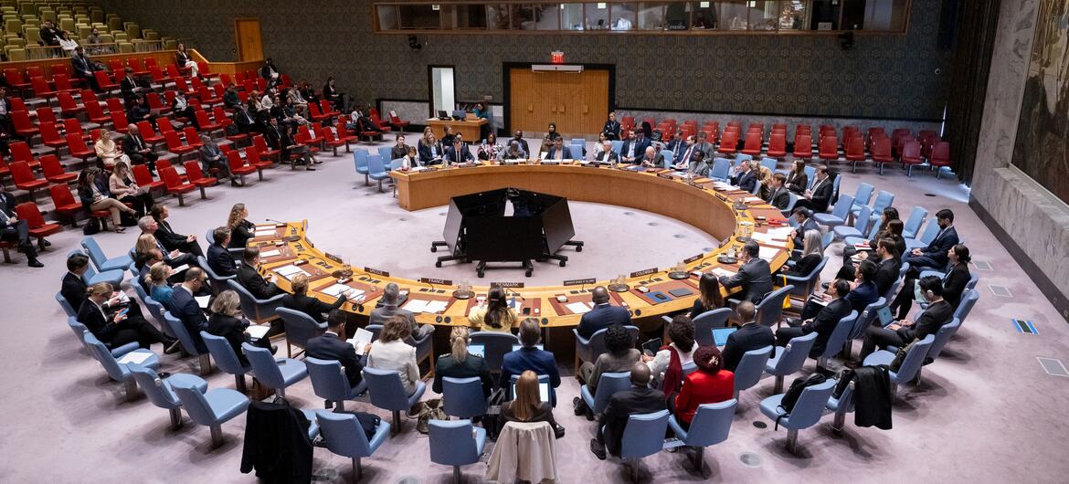 会议期间联合国安理会会议室的广景观,代表坐在标志性的马形桌子周围.