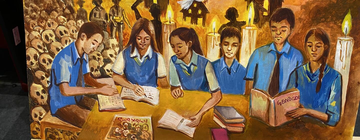 भारत की राजधानी नई दिल्ली में आयोजित रवांडा जनसंहार स्मृति कार्यक्रम के दौरान एकता और सहनसक्षमता दर्शाती एक पेंटिंग.