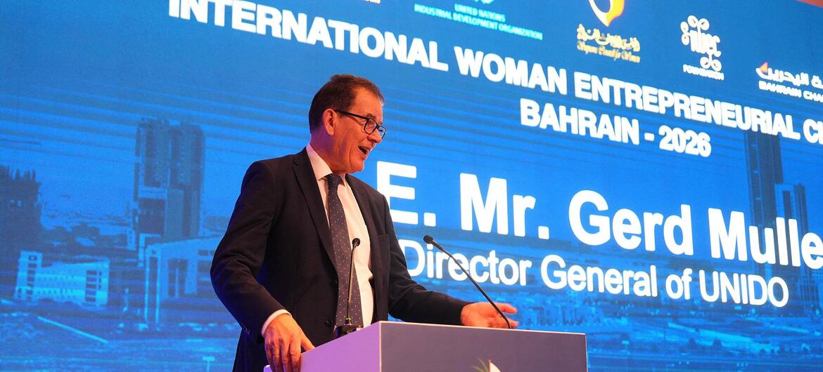 Mr. Gerd Mullen, Director General of UNIDO, delivering a keynote speech at the International Woman Entrepreneurial Conference in Bahrain in 2026.