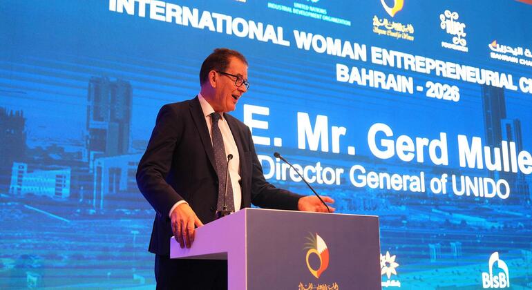 السيد جيرد مولر، المدير العام لمنظمة الأمم المتحدة للتنمية والتنمية (اليونيدو) يلقي كلمة رئيسية في فعالية قبيل المنتدى العالمي لرواد الأعمال والاستثمار في البحرين في عام 2026.