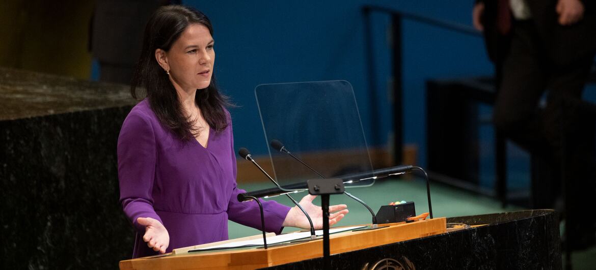 Annalena Baerbock speaks at a podium during the opening of the Seventieth Session of the Commission on the Status of Women at UN Headquarters in New York.