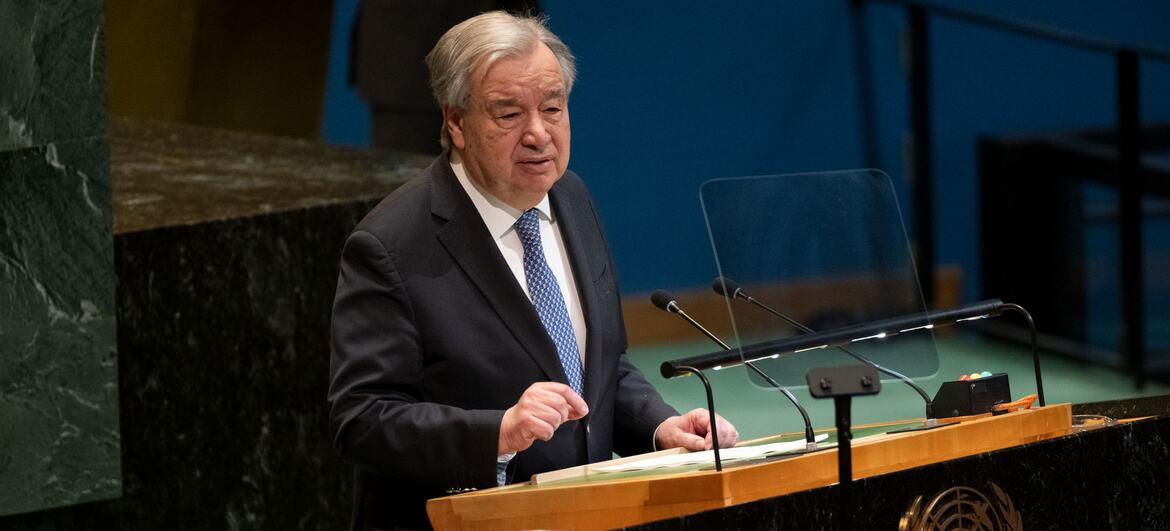 UN Secretary-General António Guterres speaking at the podium during the opening of the 70th session of the Commission on the Status of Women at UN Headquarters in New York.