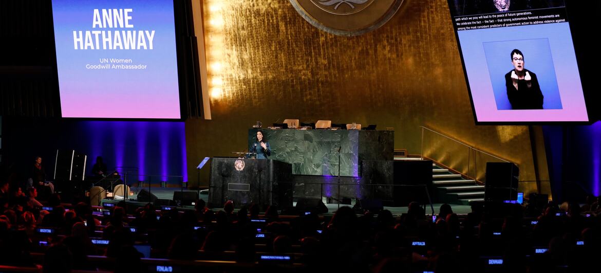 UN Women Goodwill Ambassador Anne Hathaway addresses the UN General Assembly Hall during the observance of the 2026 International Women’s Day.