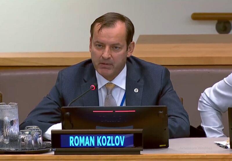 Роман Козлов, представляющий Всемирную организацию здравоохранения (ВОЗ), сидит за конференц-столом с микрофоном и именной табличкой.
