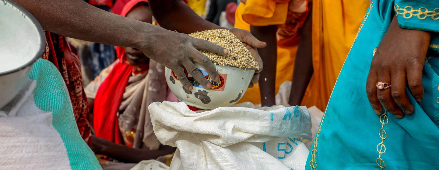 Un membre du personnel du PAM verse du sorgho dans un bol lors d'une distribution d'aide alimentaire à Adré, au Tchad. Des réfugiés soudanais attendent de recevoir une aide alimentaire.