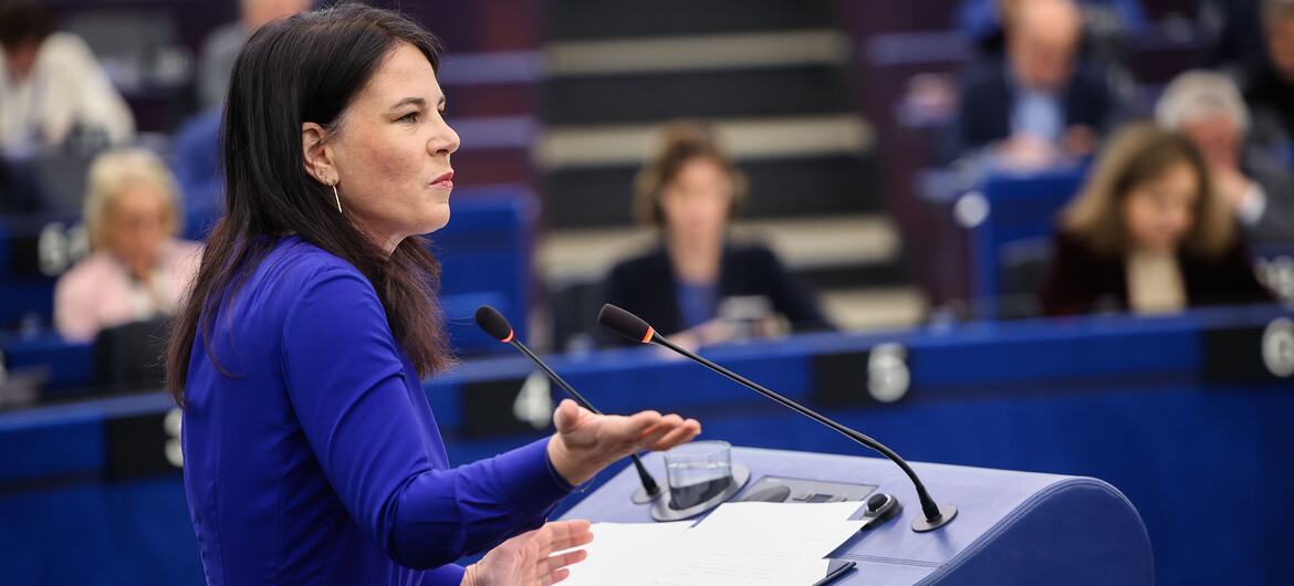 Annalena Baerbock, President of the UN General Assembly, delivering a formal address at the European Parliament plenary session.