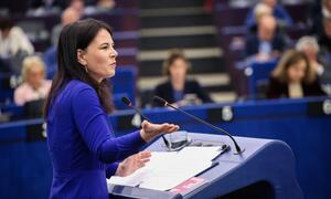 Annalena Baerbock, President of the UN General Assembly, delivering a formal address at the European Parliament plenary session.