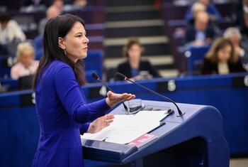 Annalena Baerbock, President of the UN General Assembly, delivering a formal address at the European Parliament plenary session.