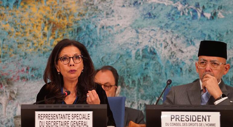 Najat Maalla M'jid, Representante Especial da ONU para a Violência contra as Crianças, apresentando o seu relatório no Conselho dos Direitos Humanos da ONU, em Genebra.