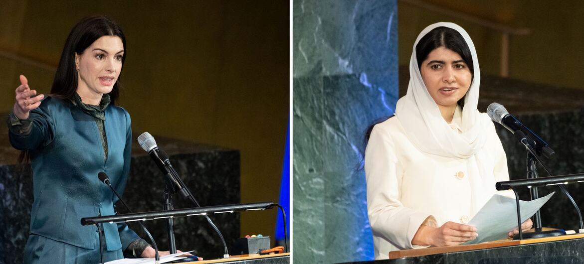 A split-screen photo of Huma Yousafzai and Malala Yousafzai speaking at podiums.