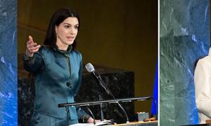 A split-screen photo of Huma Yousafzai and Malala Yousafzai speaking at podiums.