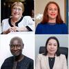 Un collage de sept portraits professionnels des candidats au poste de secrétaire général, présentant un groupe diversifié de femmes et d'hommes en tenue d'affaires formelle.