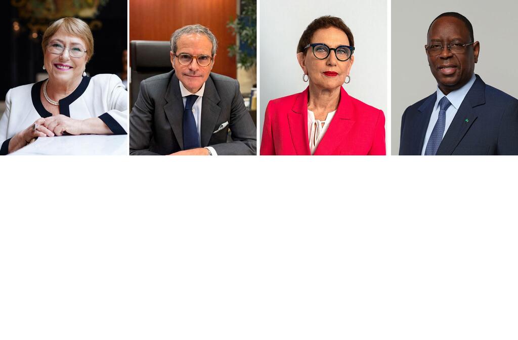 Un collage de quatre portraits professionnels des candidates et candidats au poste de secrétaire général, mettant en scène un groupe diversifié de femmes et d'hommes en tenue d'affaires.